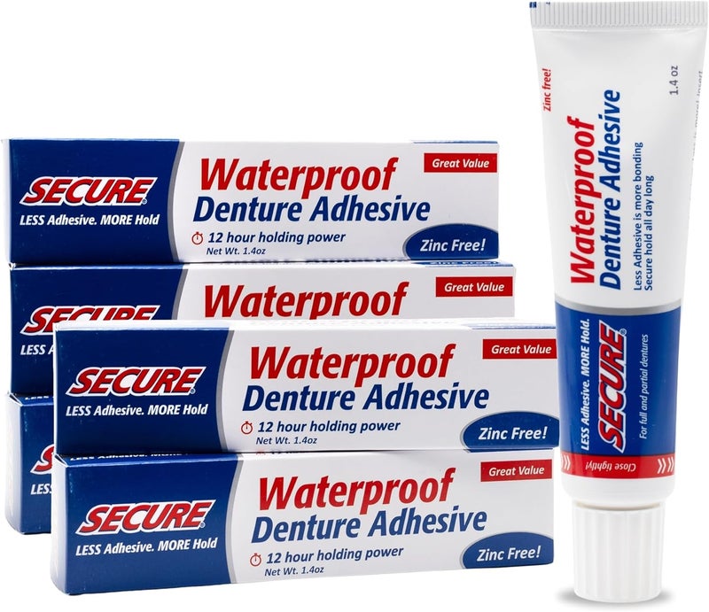 secure Waterproof Denture Adhesive - Zinc Free - Extra Strong Hold For Upper, Lower or Partials - 1.4 oz (Pack of 5) - Image 1